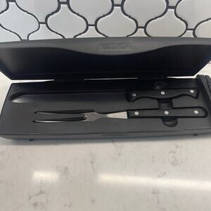 The Pampered Chef Meat Knife & Fork Carving Set w/ Built-In Sharpener & case 8”